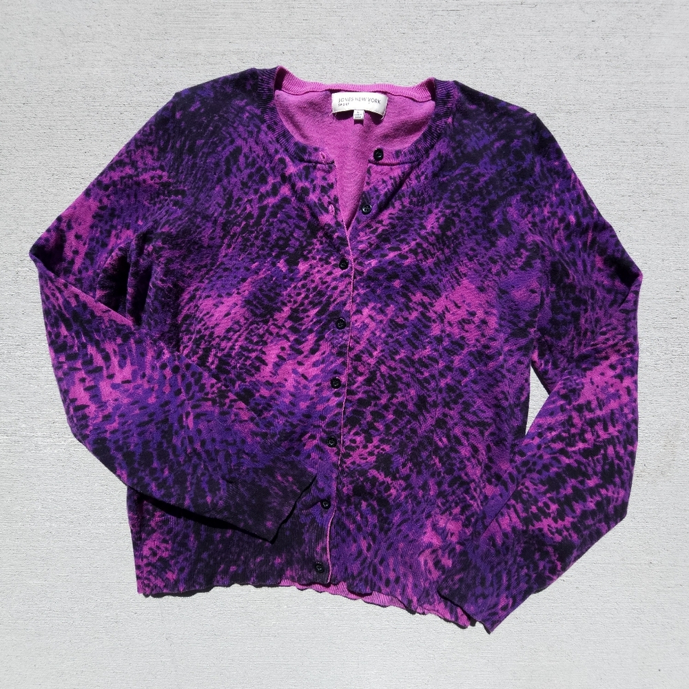 Ladies Jones New York Magenta Purple Black Abstract Print Cardigan Sweater Large
